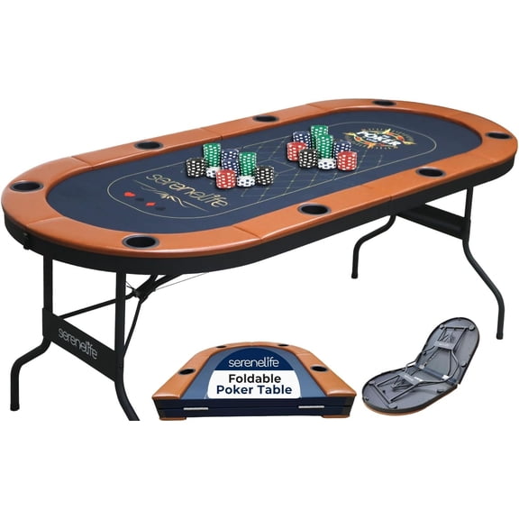 SereneLife 6ft Foldable Poker Game Table, 8 Player Casino Style Oval Card Table with Cushioned Rails, 8 Cup Holders, Metal Legs, Water-Resistant, Felt-Surface, Games Table 71.65"x32.28"x29.13" Inch