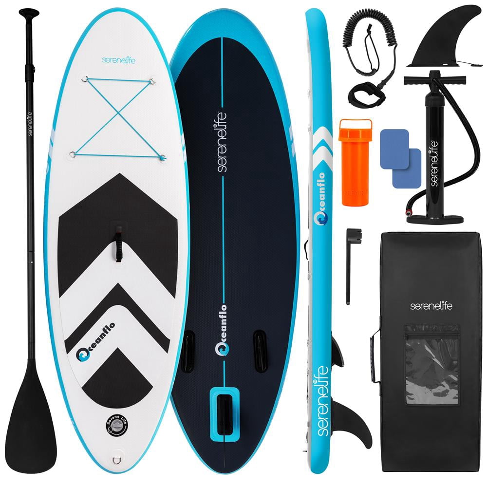 SereneLife 7'9" Kids Inflatable Stand Up Paddle Board - SUP for Youth with Single-Action Pump, Adjustable Paddle & Backpack - 30 Wide Stable Design with Non-Slip EVA Deck Pad, Ages 5+, 200lb Capacity