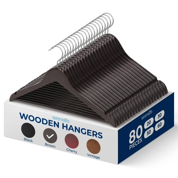 SereneLife 80 Pack Wooden Coat Hangers Durable Suit Hangers with 360 Swivel Hook & Notches Slim Design for Shirts, Jackets, Dresses, and More