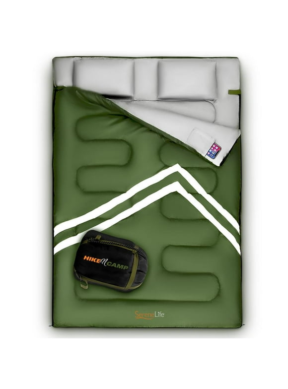 SereneLife 85 x 57.1 Inch Waterproof Double Sleeping Bag with 2 Pillows, Green