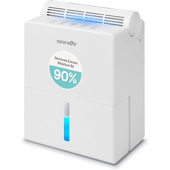 SereneLife 91 Oz Home Dehumidifier  Quiet Bedroom, Bathroom & Basement Moisture Remover with Drying Base, Timer, Sleep Mode & Smart Humidity Control, Covers Up to 1200 Sq Ft (White, 9 x 6 x 13 In)