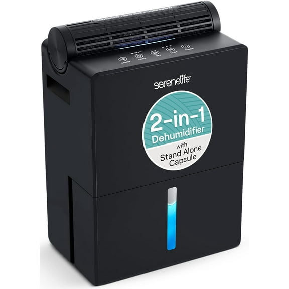 SereneLife 91 Oz Quiet Home Dehumidifier with Drying Base  Smart Humidity Control, Timer & Sleep Mode, Ideal for Bedroom, Bathroom & Basement, Up to 1200 Sq Ft Coverage (Black, 9 x 6 x 13 In)