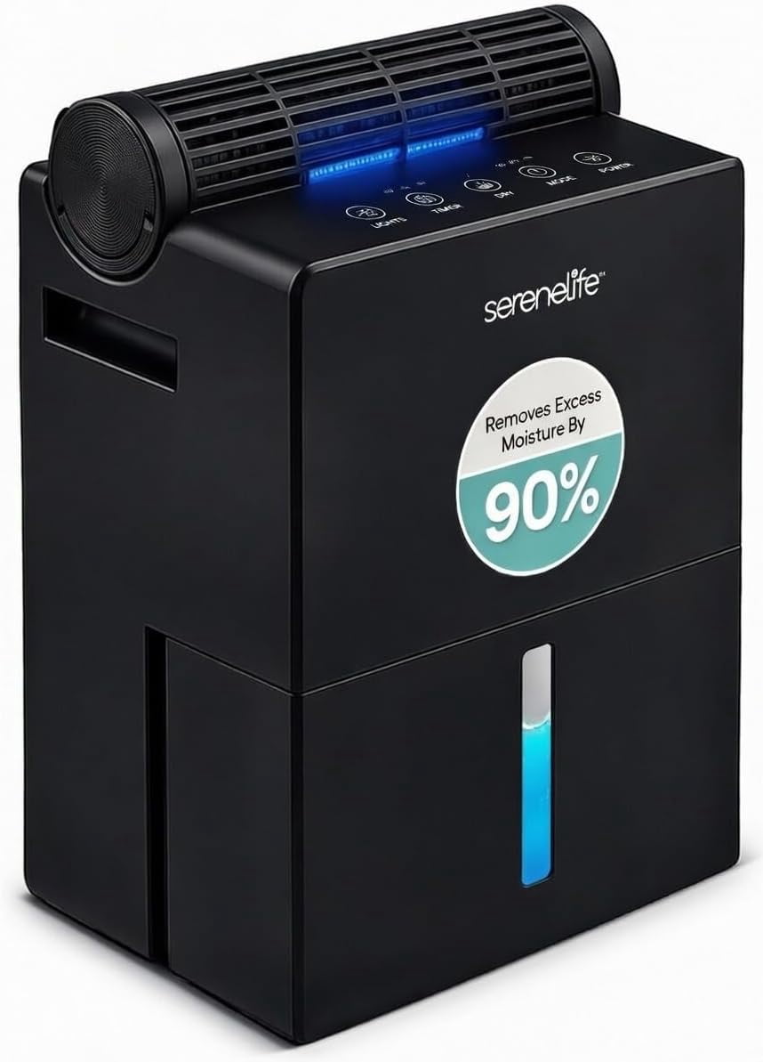SereneLife 91oz Dehumidifier for Home – Covers Up to 1200 Sq Ft, Timer, Sleep Mode, Humidity Control, Includes Removable Closet Dehumidifier, Black