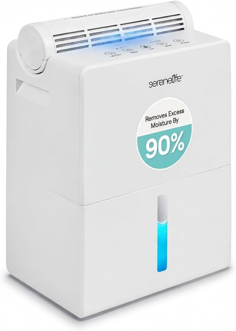 SereneLife 91oz Dehumidifier for Home – Covers Up to 1200 Sq Ft, Timer, Sleep Mode, Humidity Control, Includes Removable Closet Dehumidifier, White