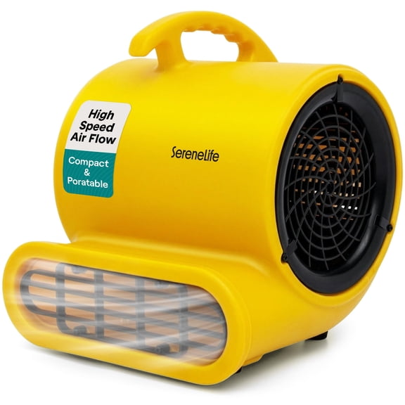 SereneLife Air Mover, 3-Speed Blower Fan with Adjustable Angle, 2500 CFM Airflow, Portable Dryer for Ventilation, Circulation, and Drying in Homes, Garages, and Worksites, Yellow