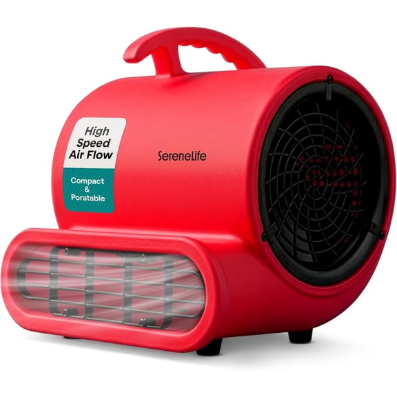 SereneLife Air Mover, 3-Speed Blower Fan with Adjustable Angle, 2500 CFM Airflow, Portable Dryer for Ventilation, Circulation, and Drying in Homes, Garages, and Worksites, Red