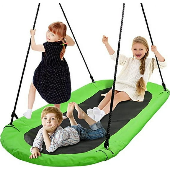 SereneLife Alloy Steel Outdoor Spinner Saucer Hanging Tree Swing Oval Shape W/ Rope Straps, (Green)