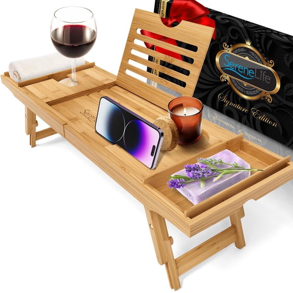 SereneLife Bamboo Bath Caddy & Breakfast Bed Tray Combo, Waterproof Bathtub Tray with Foldable Slide-Out Legs, Soap Holder & Phone Stand, Natural Bamboo