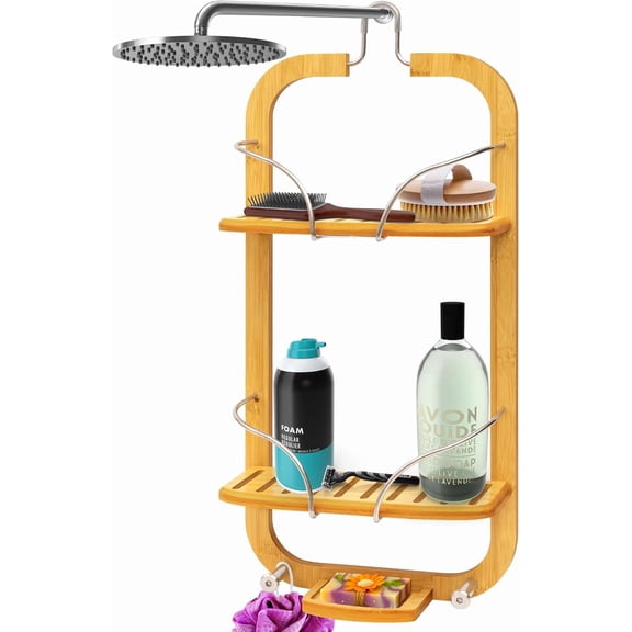 SereneLife Bamboo Hanging Shower Caddy with 3 Tiers, Anti-Slip Design, Bathroom Storage Organizer for Shampoo, Soaps, and Essentials - Space-Saving and Easy to Clean