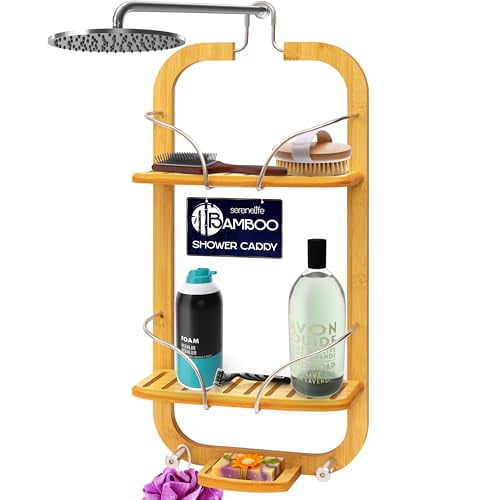 SereneLife Bamboo Hanging Shower Caddy with 3 Tiers, Anti-Slip Design, Bathroom Storage Organizer for Shampoo, Soaps, and Essentials - Space-Saving and Easy to Clean