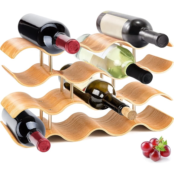 SereneLife Bamboo Wine Rack-4 Tier Countertop Shelf with Slots That Holds 14 Bottles, Unique Stackable Wooden Holder, Save Space for Cabinet, Kitchen and Pantry, Modern Contemporary Wave Design