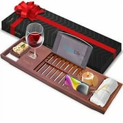 SereneLife Bathtub Tray - Expandable Bath Tray for Tub, Adjustable Bamboo Caddy with with Non-Slip Handles, Device Holder and Wine Glass Slot for Bathing Luxury Brown, Soft Back, Gift Set