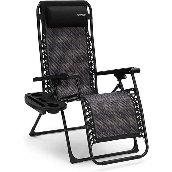 SereneLife Black Adjustable Outdoor Zero Gravity Lawn Chair Recliners W/ Pillows & Cup Holder Table