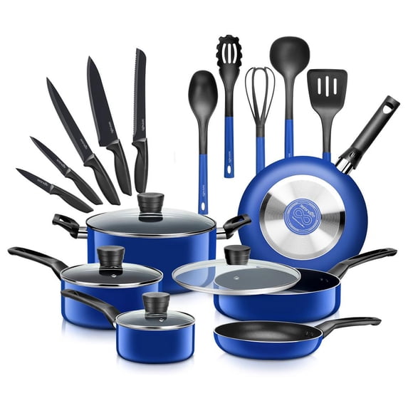 SereneLife Classic 20 Piece Nonstick Pressed Aluminum Metal Cookware Set, Solid Italian Bakelite