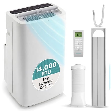 SereneLife Compact Home AC Cooling Unit with Built-in Dehumidifier & Fan Modes, 14,000 BTU, (White)