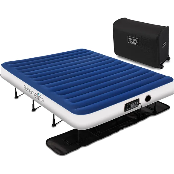 SereneLife EZ Air Mattress W/ Frame & Rolling Case, Foldable Self-Inflating Air Bed W/ Pump, Queen