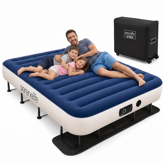SereneLife EZ Air Mattress W/ Frame & Rolling Case, Foldable Self-Inflating Air Bed W/ Pump, Queen