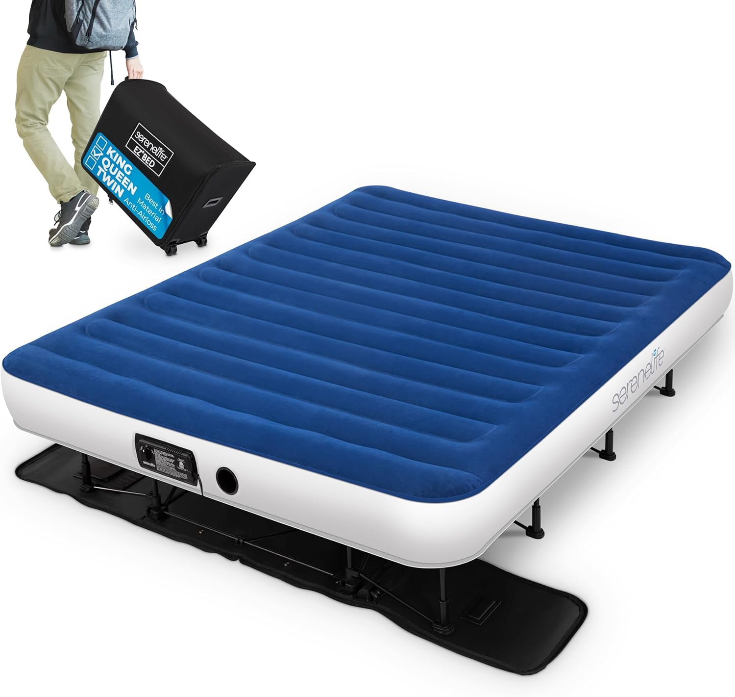 SereneLife EZ Air Mattress with Frame & Rolling Case, Foldable