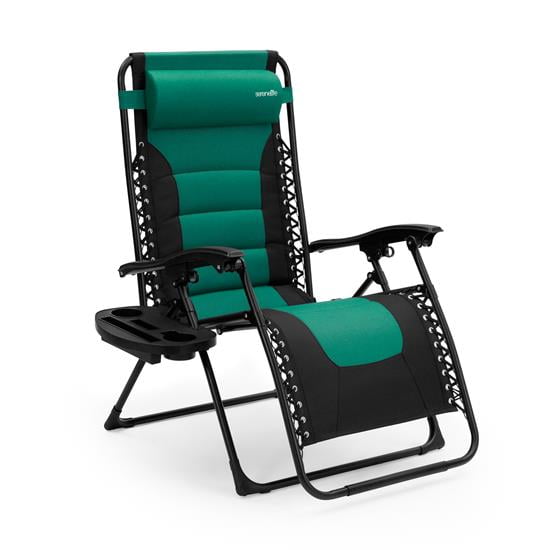 SereneLife Foldable Outdoor Zero Gravity Padded Lawn Chair, Adjustable Steel Mesh Recliners, w/Removable Pillows, and Cup Holder Side Tables, Set of 1, Green and Black