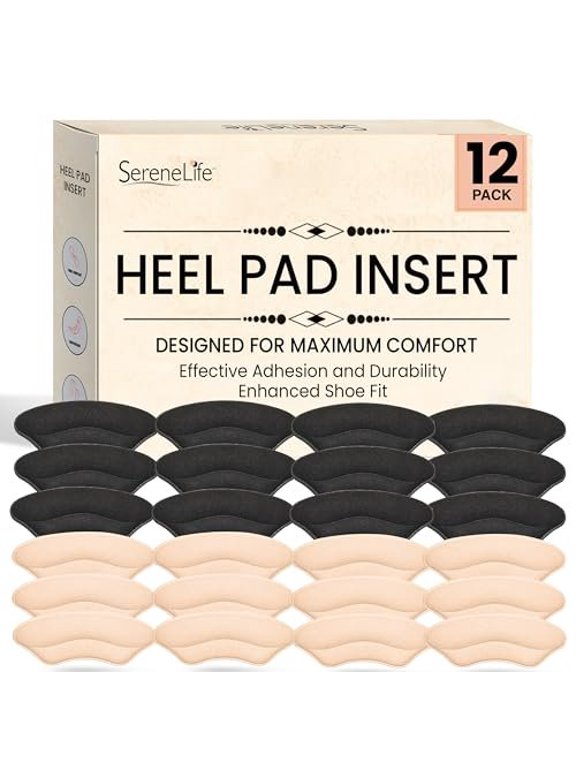 Heel Pad Shoe Insert - 12 Pairs of Shoe Pad Inserts for Men & Women's Shoes, High Heels, Loafers & Sneakers - Soft & Comfortable - Strong Adhesive for Lasting Adhesion - Black & Apricot