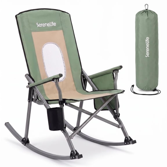SereneLife High Back Folding Rocking Chair, Portable Camping Rocker with Cup Holder, Side Pocket & Carry Bag, Steel Frame, 250 lb Capacity, Green