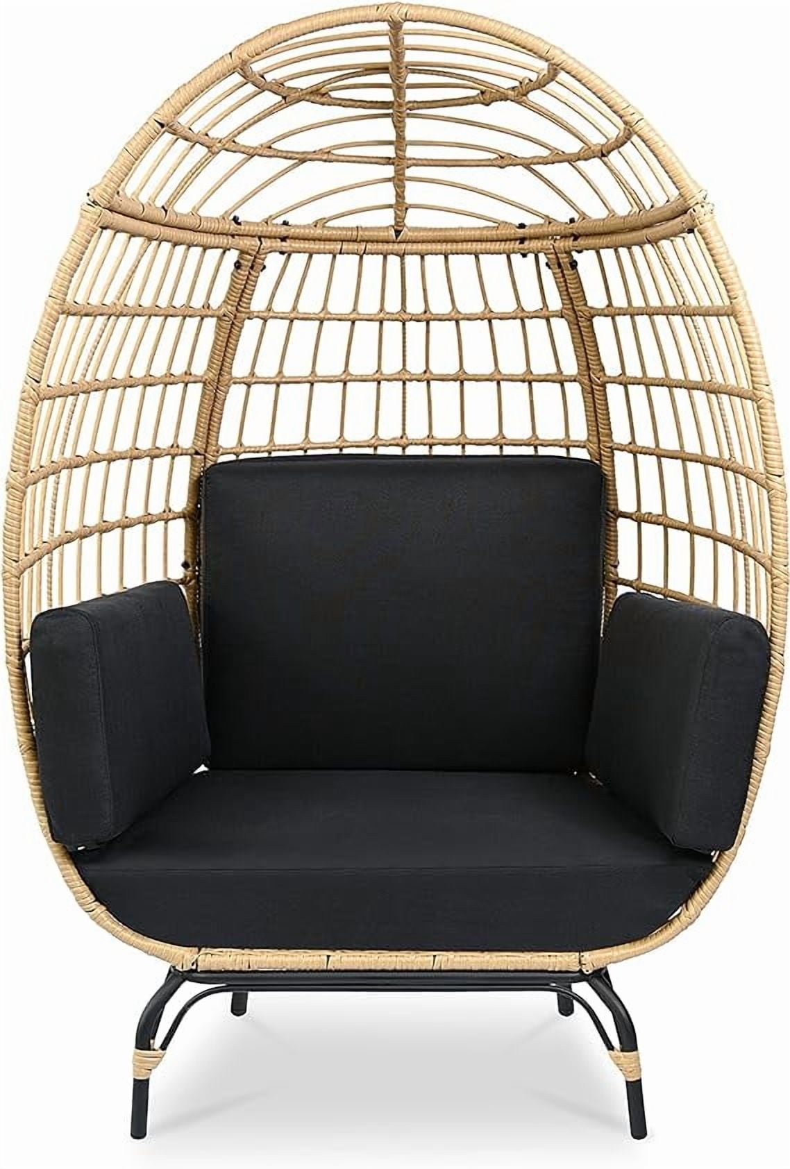SereneLife Indoor Outdoor Black Wicker Rattan Egg Chair for Patio Backyard With 4 Cushions