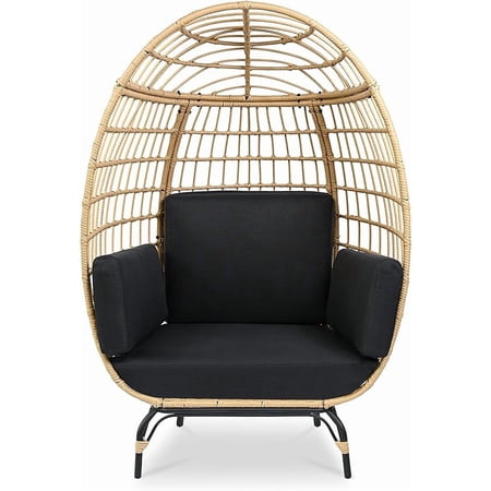 SereneLife Indoor Outdoor Black Wicker Rattan Egg Chair for Patio Backyard With 4 Cushions