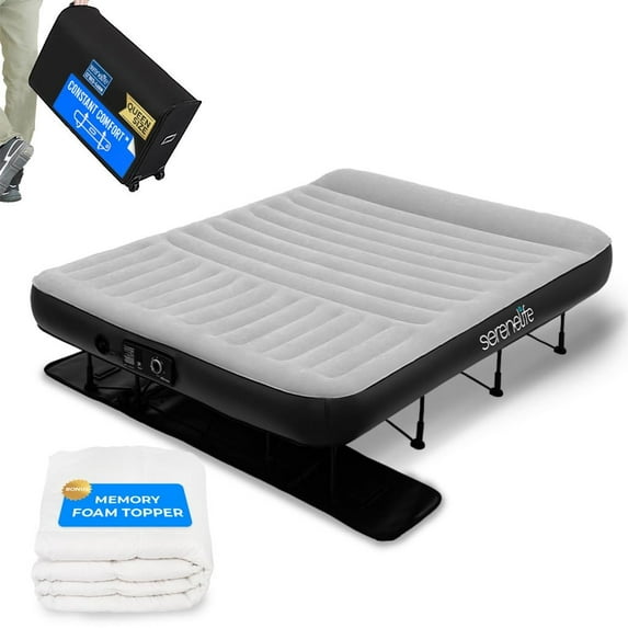 SereneLife Luxe Inflatable Air Mattress with Frame - Wall Plug AC Powered Auto Inflating Pressure Maintaining Pump - Luxury Air Bed Set with Memory Foam Cover, Headrest, Rolling Zip Carry Case