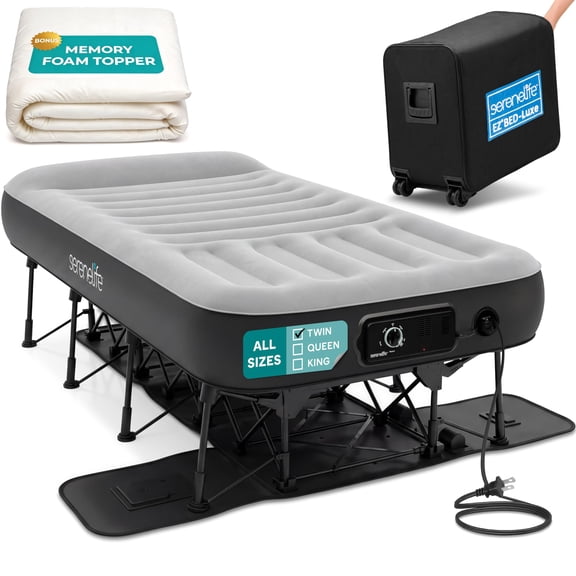 SereneLife Luxe Inflatable Air Mattress with Frame - Wall Plug AC Powered Auto Inflating Pressure Maintaining Pump - Luxury Air Bed Set with Memory Foam Cover, Headrest, Rolling Zip Carry Case