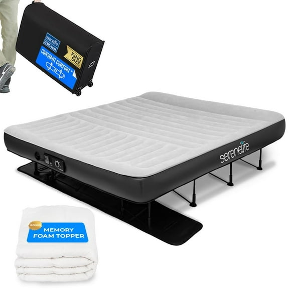 SereneLife Luxe Inflatable Air Mattress with Frame - Wall Plug AC Powered Auto Inflating Pressure Maintaining Pump - Luxury Air Bed Set with Memory Foam Cover, Headrest, Rolling Zip Carry Case