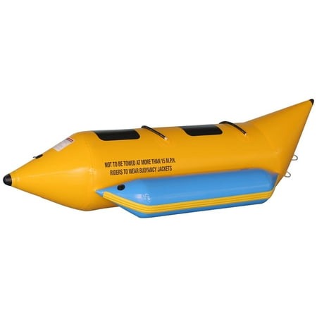 SereneLife Inflatable Floating Banana Boat, Towable Tube for Boating, 2 Riders, Includes Storage Bag, Food Pump, and Repair Kit
