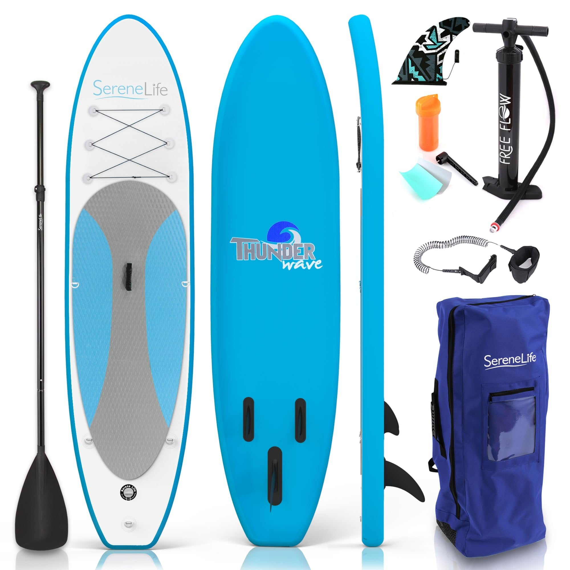 SereneLife Inflatable Stand Up Paddle Board - Wide Stable Design, Non-Slip Deck for Adults & Youth with Premium Paddle Board Accessories: Carry Bag, Dual Action Pump, Paddle, Ankle Leash - 10'
