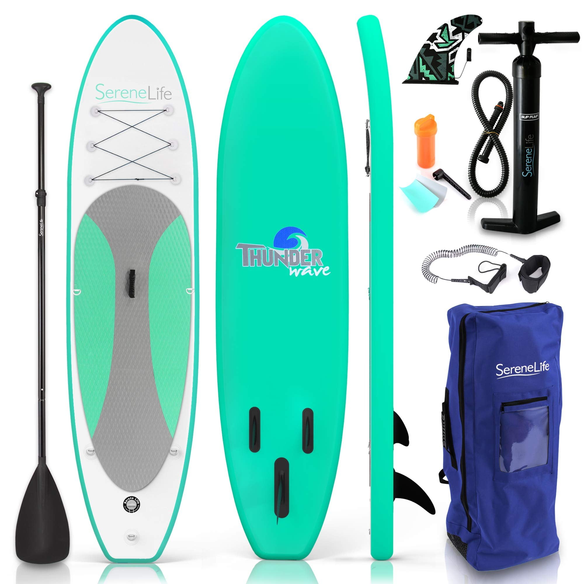 SereneLife Inflatable Stand Up Paddle Board - Wide Stable Design, Non-Slip Deck for Adults & Youth with Premium Paddle Board Accessories: Carry Bag, Dual Action Pump, Paddle, Ankle Leash - 10'