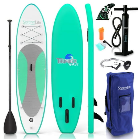 SereneLife Inflatable Stand Up Paddle Board - Wide Stable Design, Non-Slip Deck for Adults & Youth with Premium Paddle Board Accessories: Carry Bag, Dual Action Pump, Paddle, Ankle Leash - 10'