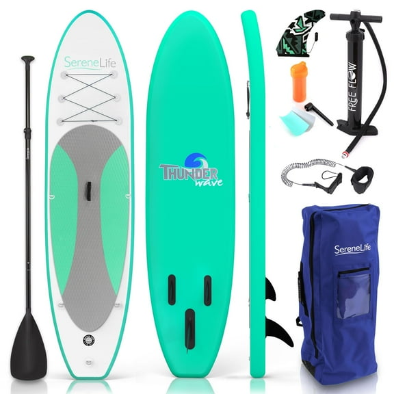 SereneLife Inflatable Stand Up Paddle Board - Wide Stable Design, Non-Slip Deck for Adults & Youth with Premium Paddle Board Accessories: Carry Bag, Dual Action Pump, Paddle, Ankle Leash - 10'