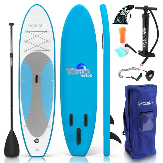 SereneLife Inflatable Stand up Paddle Board, 10'6", Non-Slip Deck, Paddle, Pump, Backpack & Leash, Light Blue