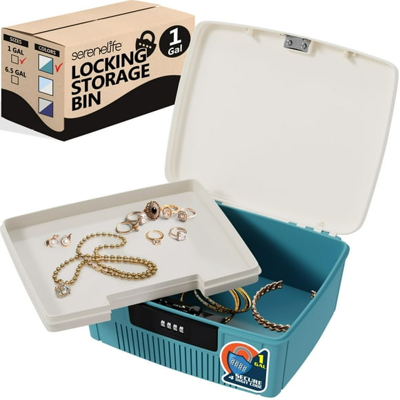 SereneLife Lockable Storage Container Bin, 1 Gallon Capacity Heavy Duty Storage Box with Combination Lock, Blue