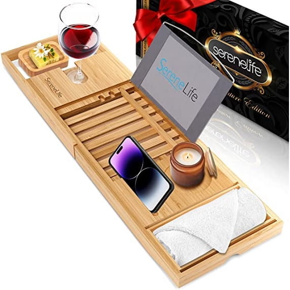SereneLife Luxury Bamboo Bathtub Caddy, Extendable & Adjustable Tray W/ Device/Book Holder, Natural