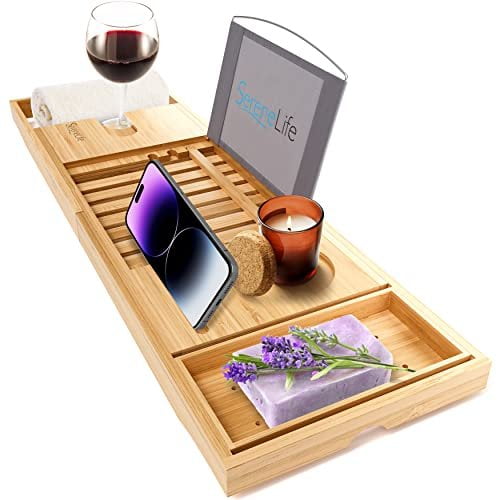 SereneLife Luxury Bamboo Bathtub Caddy Tray - Adjustable Natural Wood Bath Tub Organizer with Wine Holder, Cup Placement, Soap Dish, Book Space & Phone Slot for Spa, Bathroom & Shower SLBCAD20