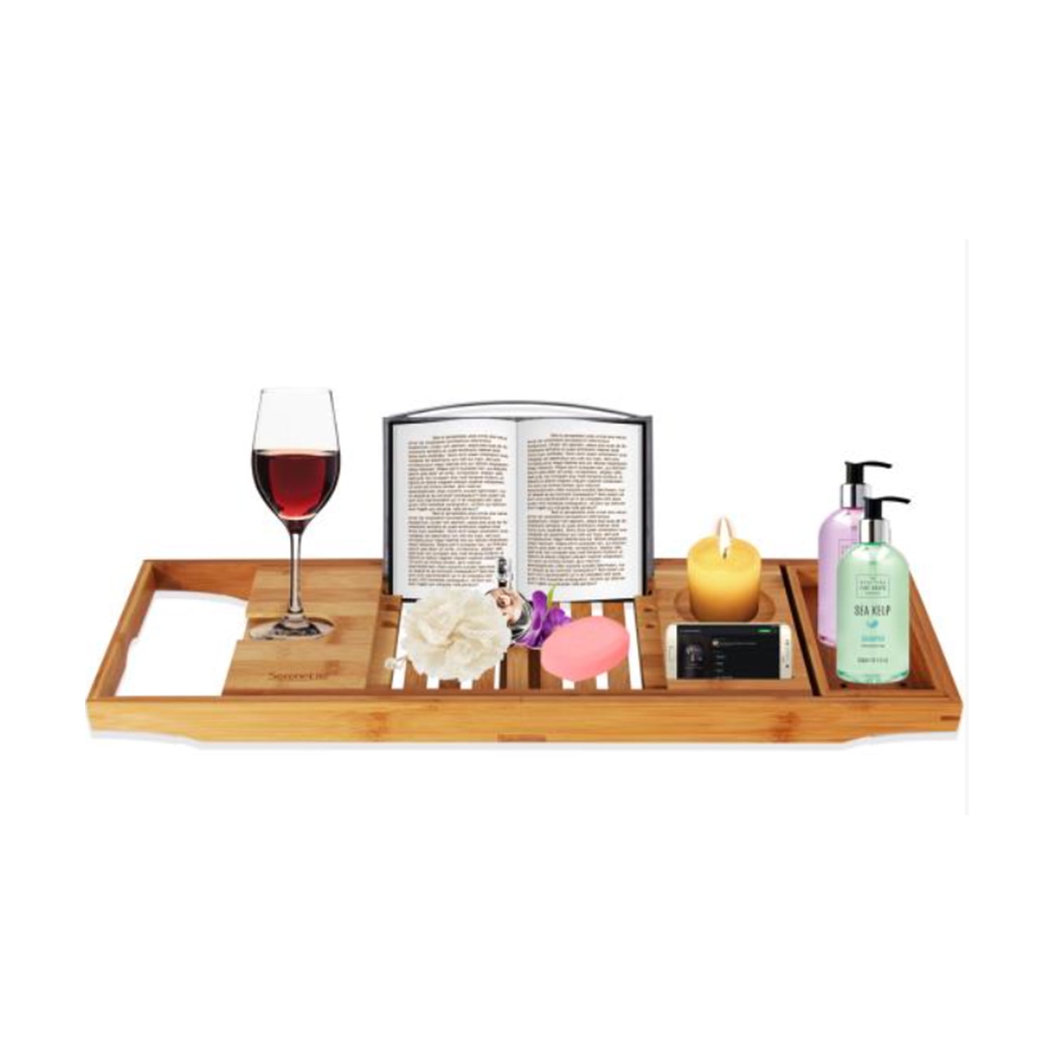 Adjustable Natural Bamboo Bathtub Caddy Tray with Wine Holder
