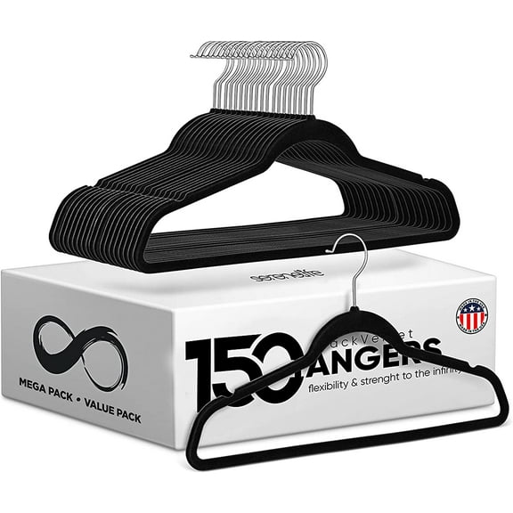 SereneLife Non-Slip Velvet Hangers 150 Pieces Heavy Duty Cloth Hanger Set W/360 Degree Hook, Black