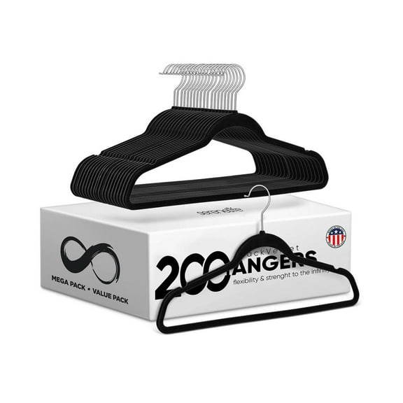 SereneLife Non-Slip Velvet Hangers, Mega Pack, 200 Pieces Hangers for Clothes, Heavy Duty Cloth Hanger Set with 360 Degree Swivel Hook, Black