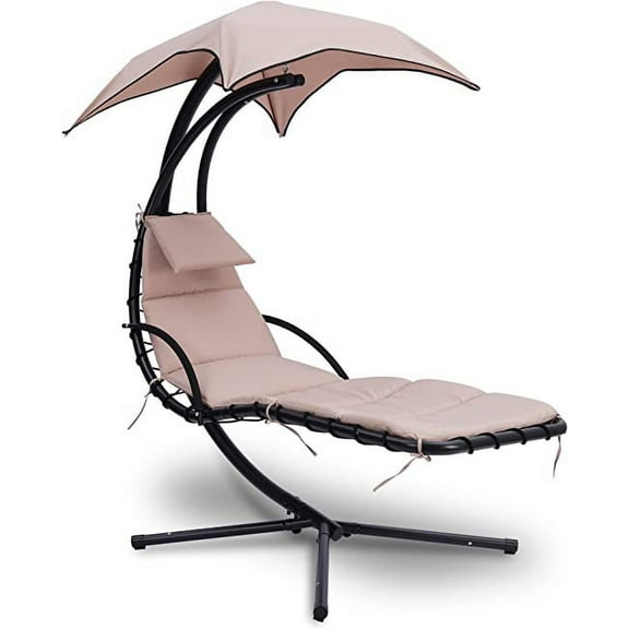 SereneLife Outdoor Hanging Curve Steel Chaise Lounge Swing Chair W/ Built-in Pillow & Canopy, Brown