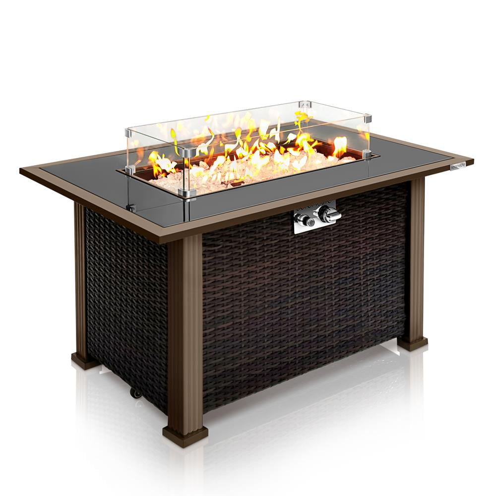Black Tempered Glass and Rattan Gas Fire Pit Table