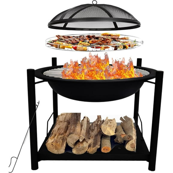 SereneLife Outdoor Wood Fire Pit - 26" Steel BBQ Grill with Mesh Spark Screen, Log Grate, Fire Poker & Cover for Camping, Picnic, Bonfire - Durable, Easy to Assemble, 2 in 1