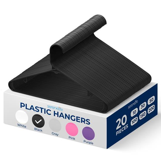SereneLife Plastic Hangers 20 pcs, Non-Slip Heavy Duty Clothes Hanger, Smooth Finish to Protect Fabric, Lightweight, Ultra-Thin Hangers for Coats and Other Clothes (Black)