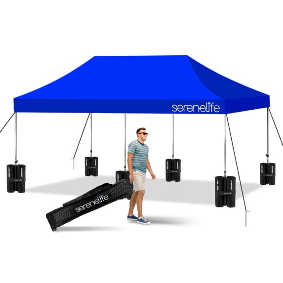 SereneLife Pop Up Tent Commercial Instant Shelter - Waterproof Polyester Tent with Portable Wheeled Carry Bag and Sand Bag, 10 x 20 ft. (Navy Blue)