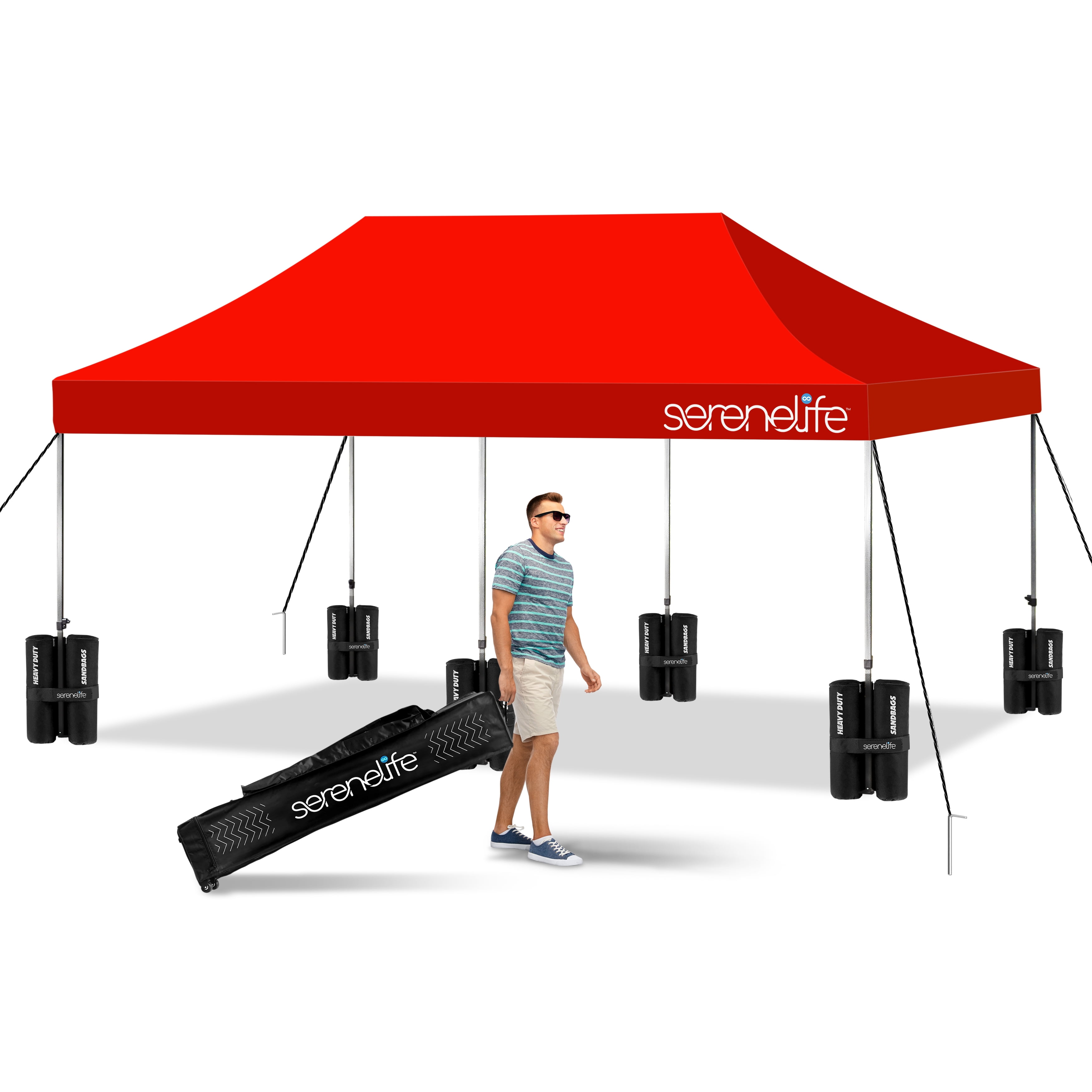 SereneLife Pop Up Tent Commercial Instant Shelter - Waterproof Polyester Tent with Portable Wheeled Carry Bag and Sand Bag, 10 x 20 ft. (Red)
