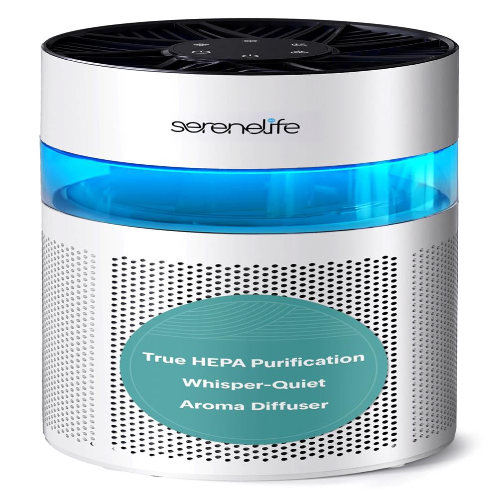SereneLife Portable Air Purifier with Aroma Box & Ambient Light, 2-Speed, Timer, Sleep Mode, Filter Reminder, 6x6x12 in, White