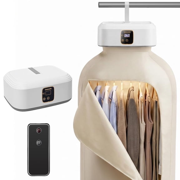 SereneLife Portable Clothes Dryer  Compact Drying Bag with Adjustable Temperature, Remote Control & 1-8 Hour Timer for Clothes, Suits & Dresses (White)